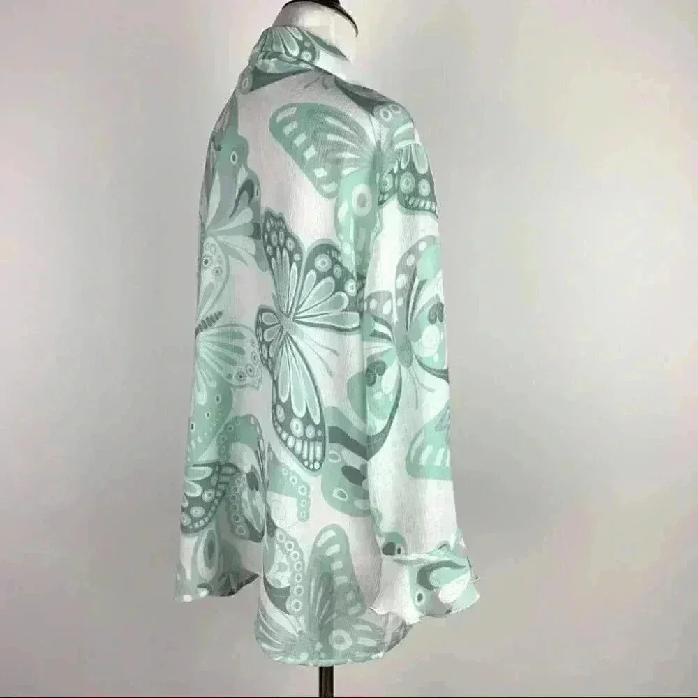 Alfred dunner top size 16 mint green white butterfly button down Y2K vintage